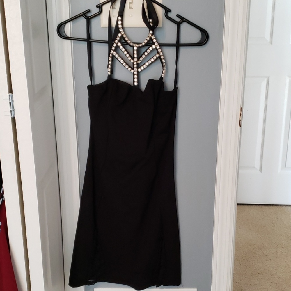 Black sequin halter mini dress